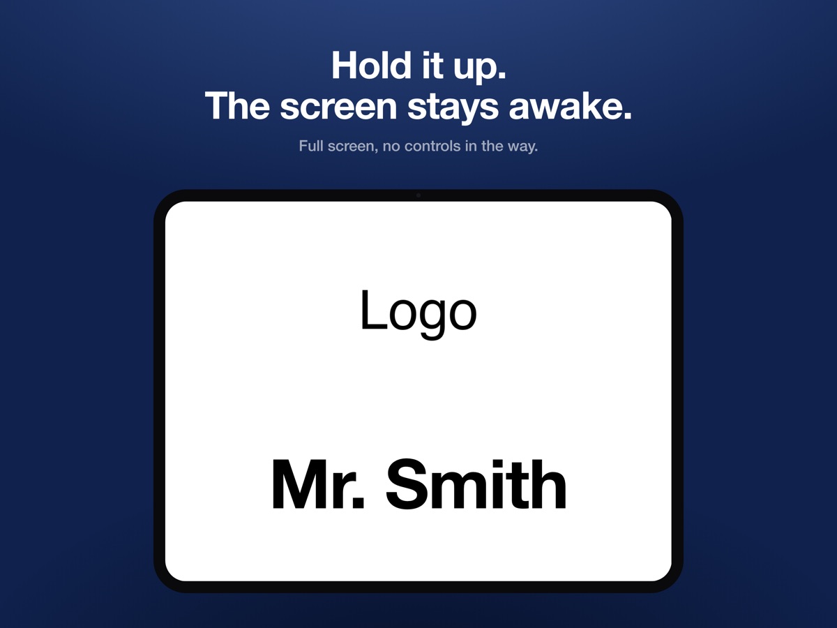 A full-screen name sign on an iPad
